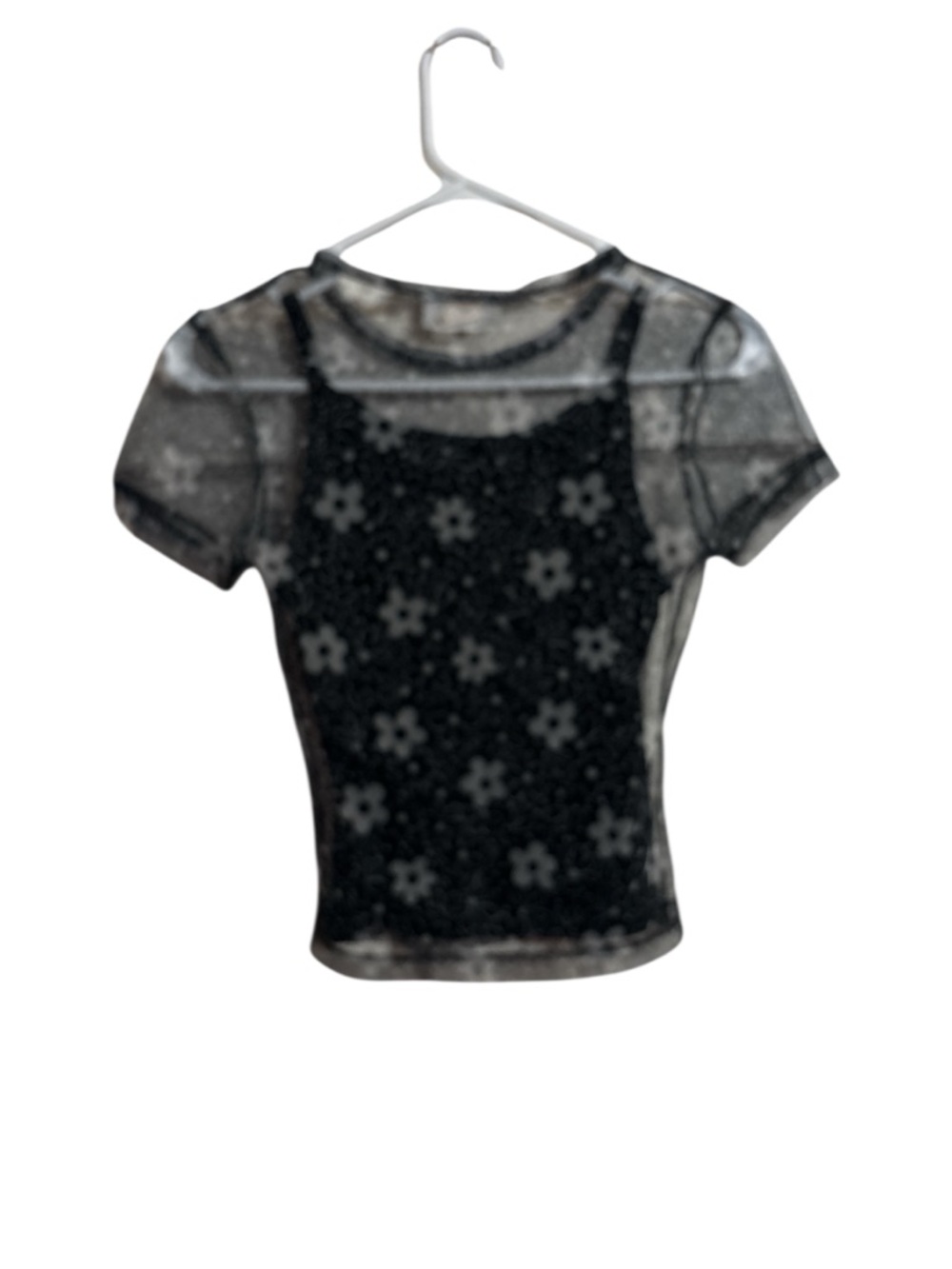 2-piece Black Floral Mesh Layered Short Sleeve Top w/Tank Top by 579 - Picture 2 of 7